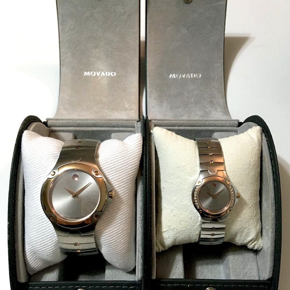 MOVADO MUSEUM SPORT SE RARE "HIS & HERS" SET DIAMOND ROSE GOLD SS WATCHES 2PCS